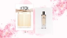 A composite image of the Chloé Signature perfume next to Zara's Chloé Signature perfume dupe on a pink floral illustrated background