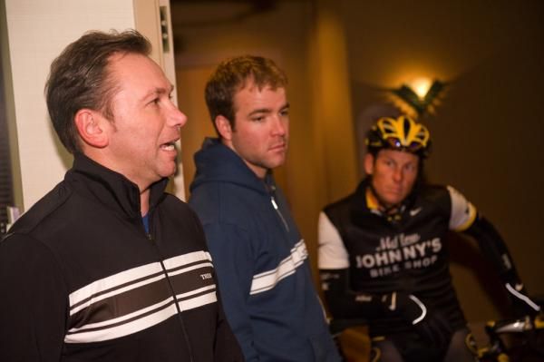 Johan Bruyneel delivers instructions at the RadioShack team camp.