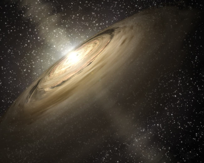 Artist&#039;s conception of a dusty planet-forming disk orbiting a stellar object known as IRS 46.