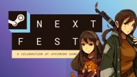 A Steam NextFest logo with anime characters from the game The Road to Dust and Sorrow