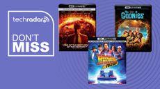 4K Blu-ray disc roundup image with Back to the Future, Oppenheimer and The Goonies on purple background