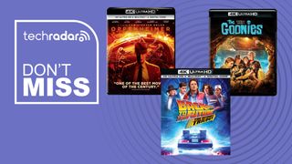 4K Blu-ray disc roundup image with Back to the Future, Oppenheimer and The Goonies on purple background