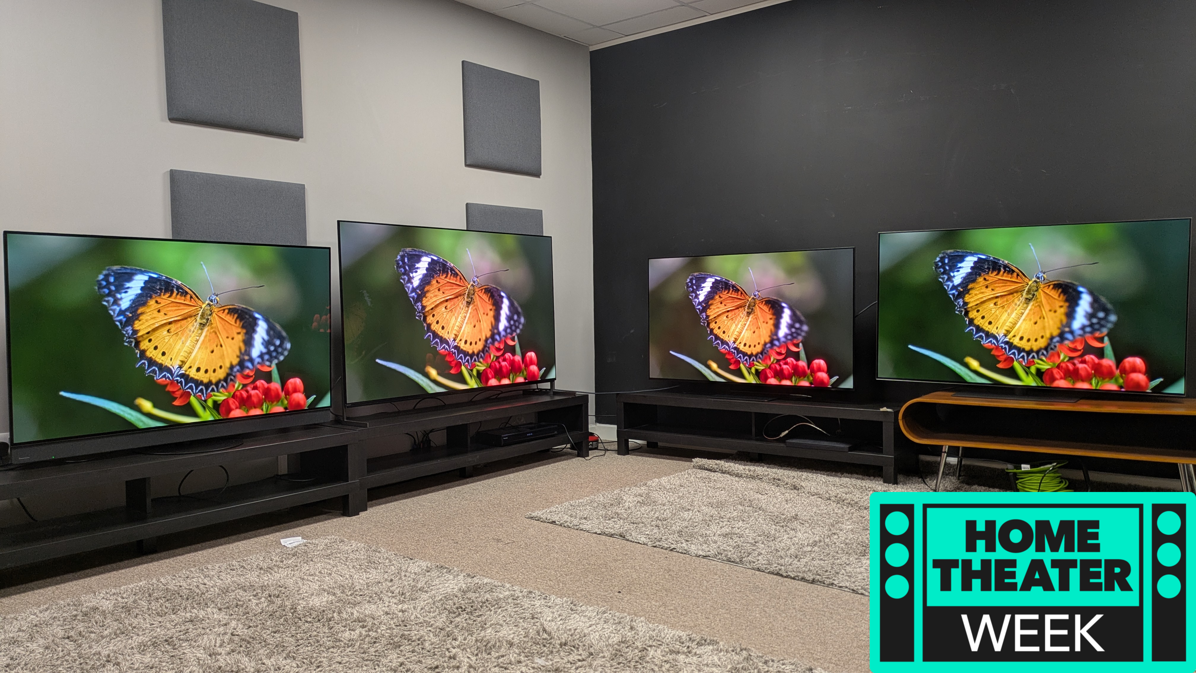 Panasonic Z95B, Sony Bravia 8 II, Samsung S95F, LG G5 with home theater week logo