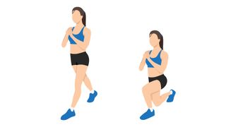 Illustrated view of woman doing a split squat in two parts