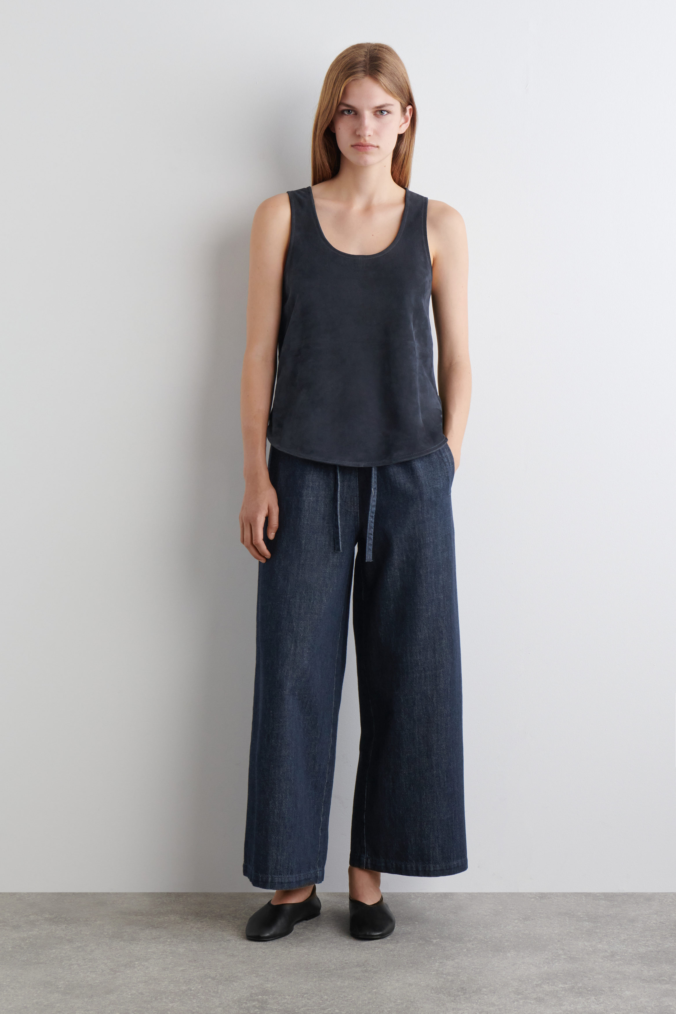Cropped Denim Wide-Leg Trousers