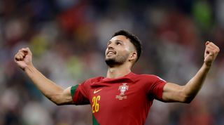 Goncalo Ramos of Portugal celebrates at full-time of the FIFA World Cup 2022 last 16 match between Portugal and Switzerland at the Lusail Iconic Stadium on December 6, 2022 in Lusail, Qatar.