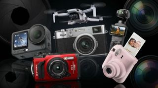A collection of cameras and drones on a dark photography-themed background