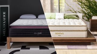 The Helix Dusk Luxe mattress on a bed frame (left) and the Saatva Classic Mattress on a bed frame in a bedroom (right)