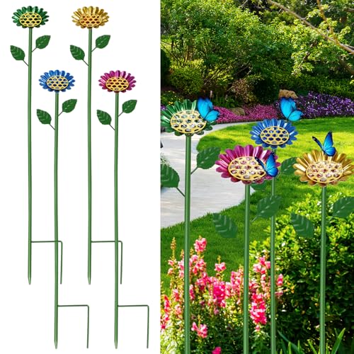 Vavpup 4-Pack Metal Bee Watering Stations With Anti-Drowning Landing Pads Rust-Proof Bee Feeder Cups & Adjustable Iron Stakes, Vibrant Garden Decor for Outdoor Garden Yard Decor (multiple Colors)