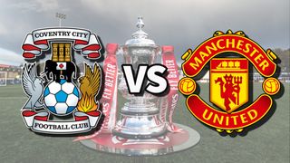 Coventry vs Man Utd football club logos over an image of the FA Cup Trophy
