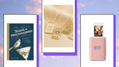 A Tequila Mockingbird book, tarot card necklaces and Instax printer on a cloud background for a best gifts for Gemini article