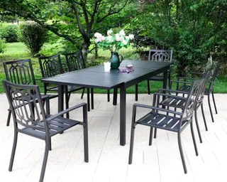 PHI VILLA Black 9-Piece Metal Outdoor Patio Dining Set with Extendable Table and Stripe Stackable Chairs