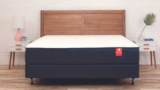 Best mattress for heavy people: Image shows the Big Fig mattress placed on a dark wooden bed frame in a white bedroom