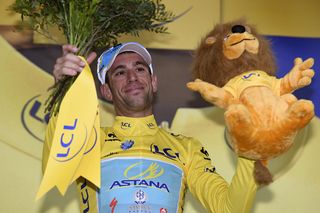 Vincenzo Nibali on the podium after retaining the yellow jersey on Stage 6 of the 2014 Tour de France