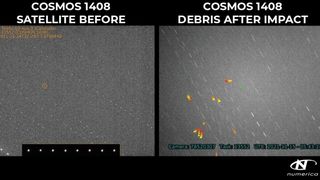 These radar images from the Numerica Corporation show the Cosmos 1408 satellite before (left) and after an impact from a Russian anti-satellite test on Nov. 15, 2021.