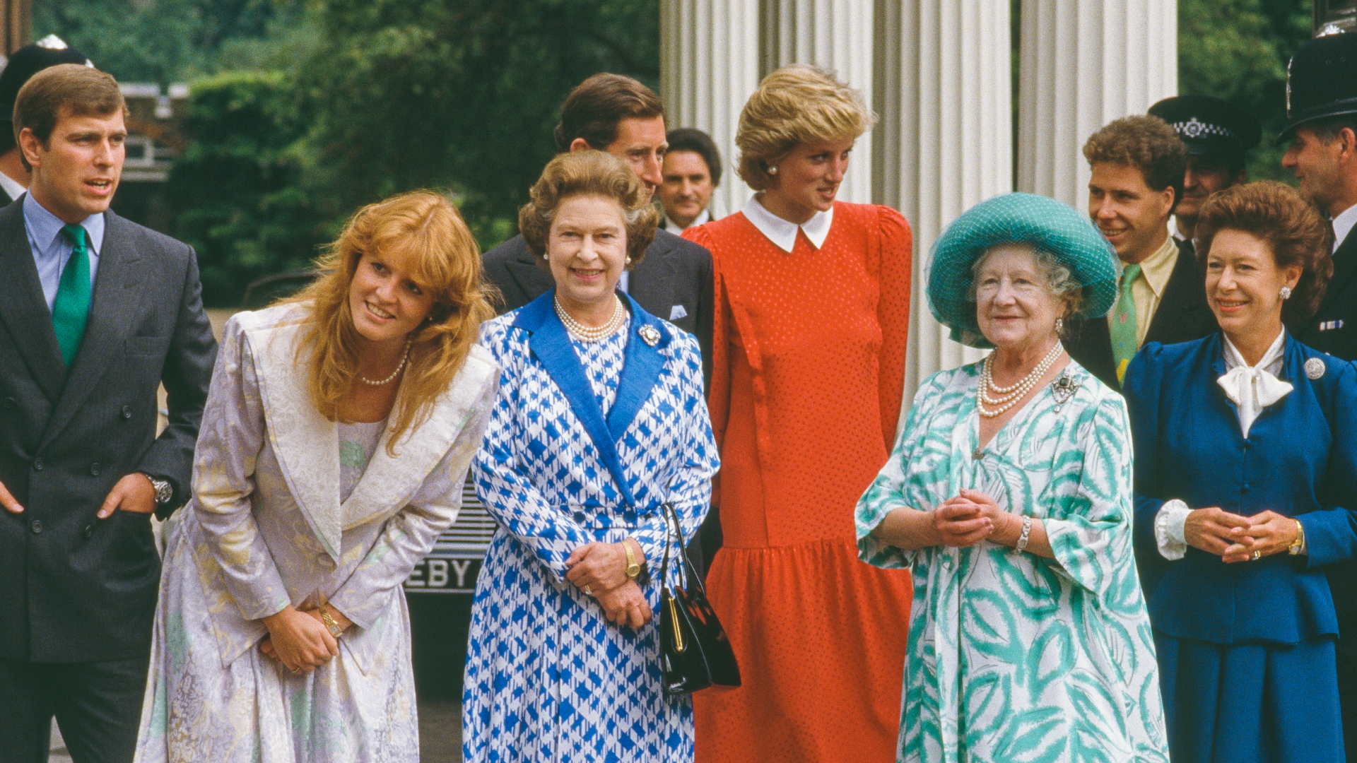 Prince Andrew, Sarah Ferguson, Queen Elizabeth, King Charles, Princess Diana, the Queen Mother, and Princess Margaret at Clarence House, London, England, August 4, 1986
