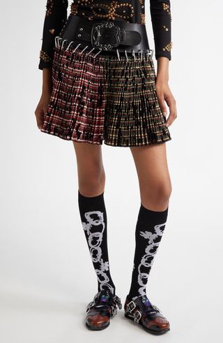 Roberta Mixed Plaid Pleated Carabiner Miniskirt