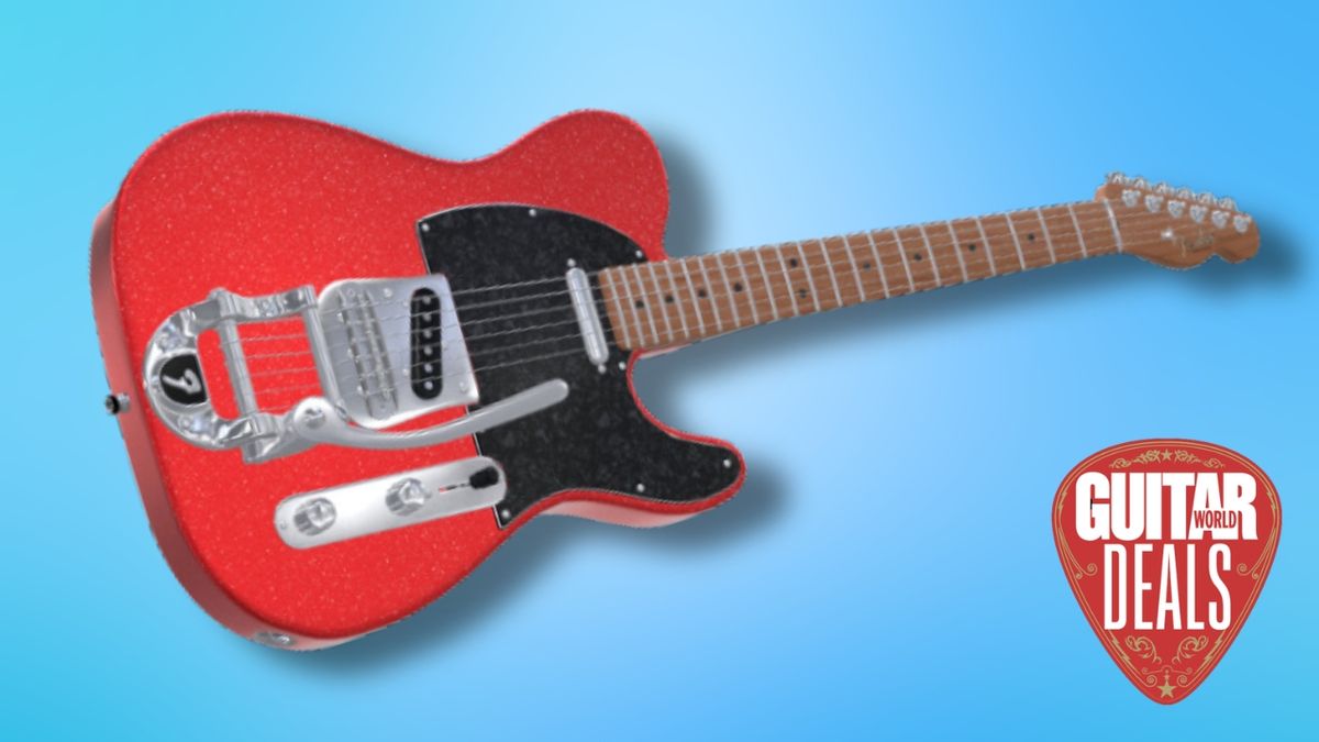 A Fender Mod Shop Telecaster on a blue background