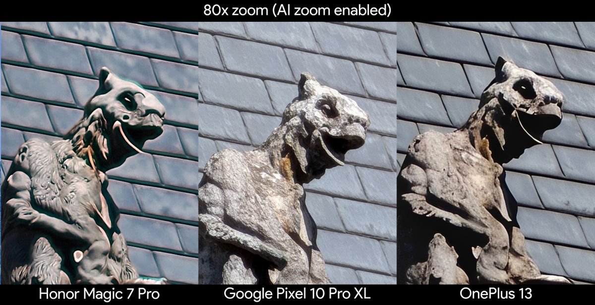 Comparing 80x zoom quality between a Google Pixel 9 Pro XL, Honor Magic 7 Pro, and a OnePlus 13