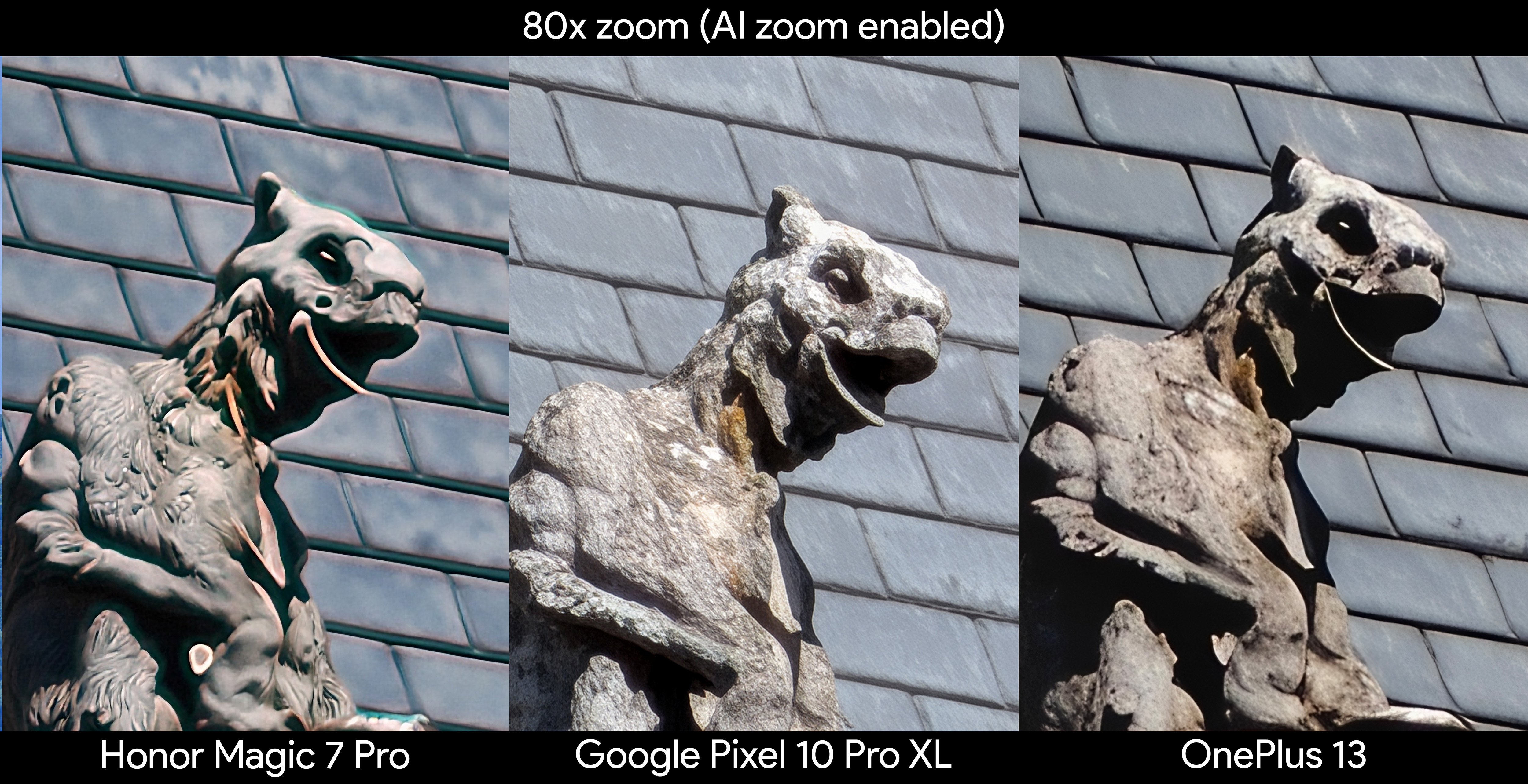 Comparing 80x zoom quality between a Google Pixel 9 Pro XL, Honor Magic 7 Pro, and a OnePlus 13