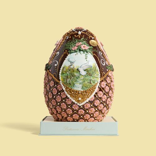 Dark Chocolate Egg With Swallows and Pink Flowers, 2 Kg