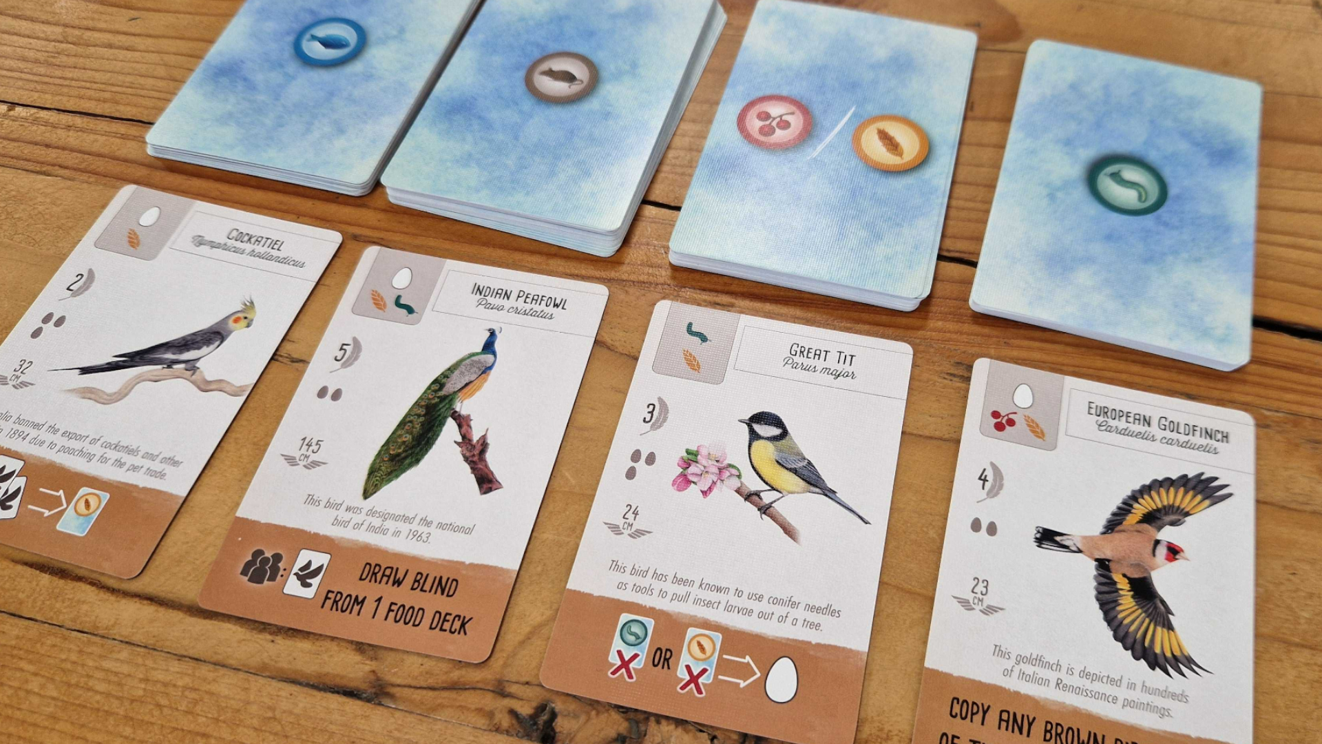 Wingspan Pocket cards laid out face down and face up in piles on a wooden table