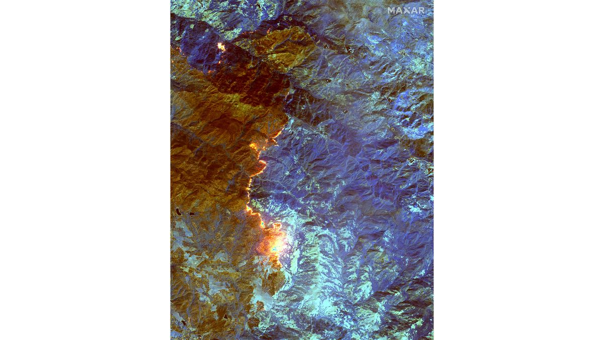 An image of the Kincade Fire in Sonoma, California, taken using shortwave infrared on Oct. 24, 2019.