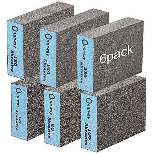 Onarway Sanding Blocks 6 Pack Wet and Dry Dual-Use,sanding Sponges Coarse and Fine - 60/80/100/120/180/220 Grits 6 Different Specifications, Washable and Reusable, Ideal for Wood Metal Wall Polishing