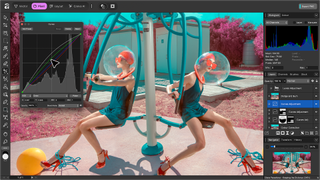 Affinity software in action showing two women on a play park with photo editing tools on either side