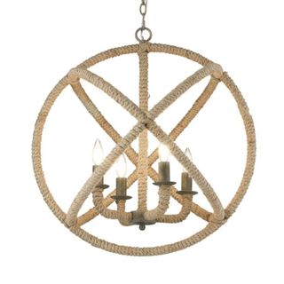 A circular light brown rope chandelier holder with crosses in the middle and a bronze chandelier in the middle too
