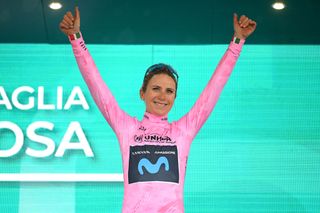 Annemiek van Vleuten on the podium as leader of the 2022 Giro d'Italia