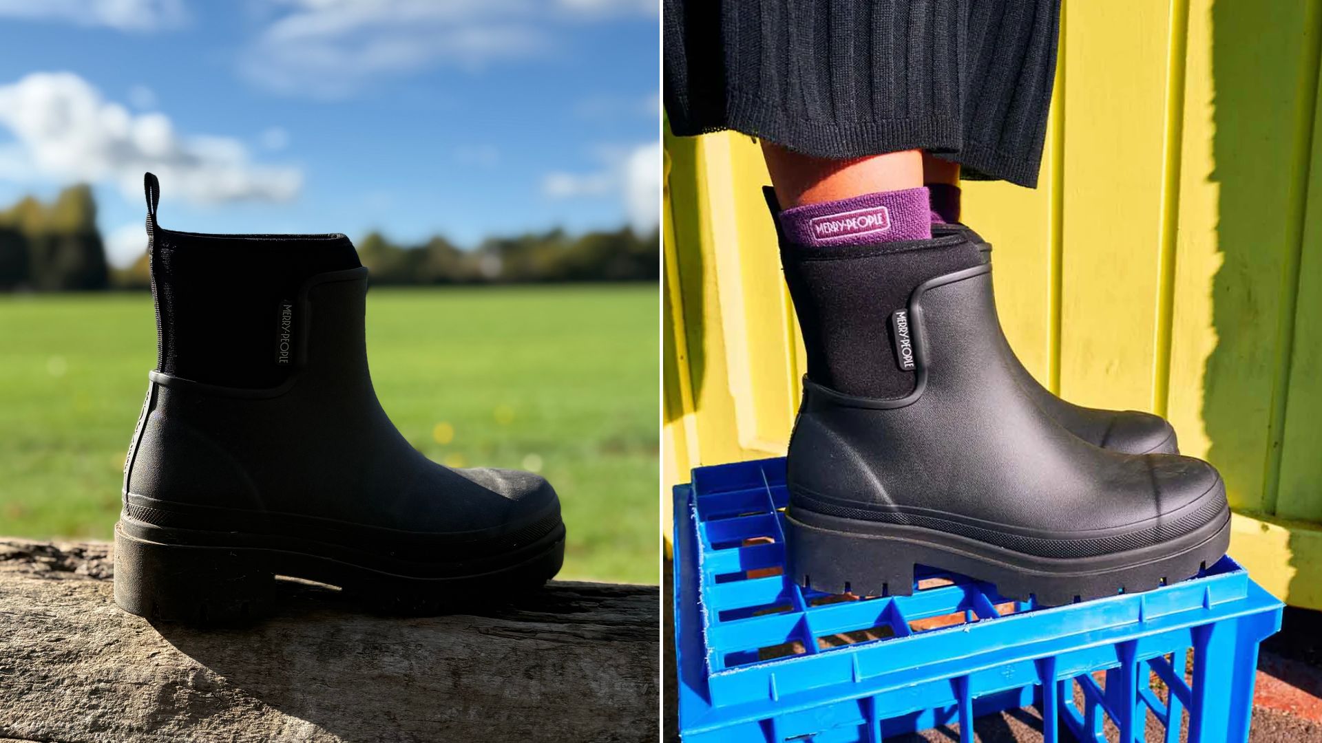 Two Images of the Merry People Tully welly boots in black