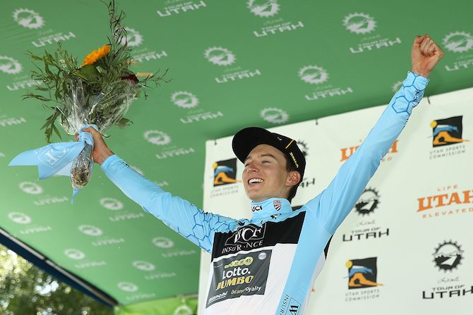 Neilson Powless (LottoNL-Jumbo) in the best young rider's jersey after stage 2 of the 2018 Tour of Utah