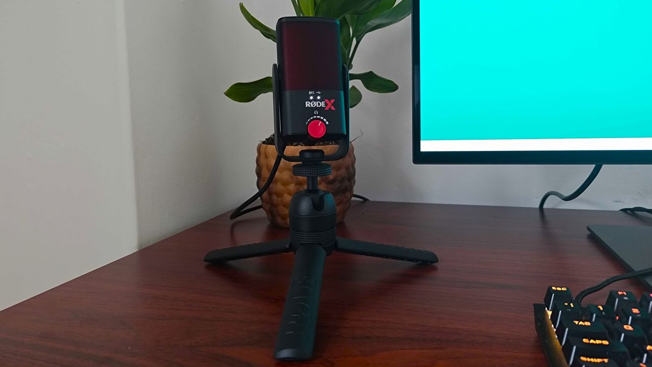 Rode X XCM-50 sitting on mahogany desk next to plant