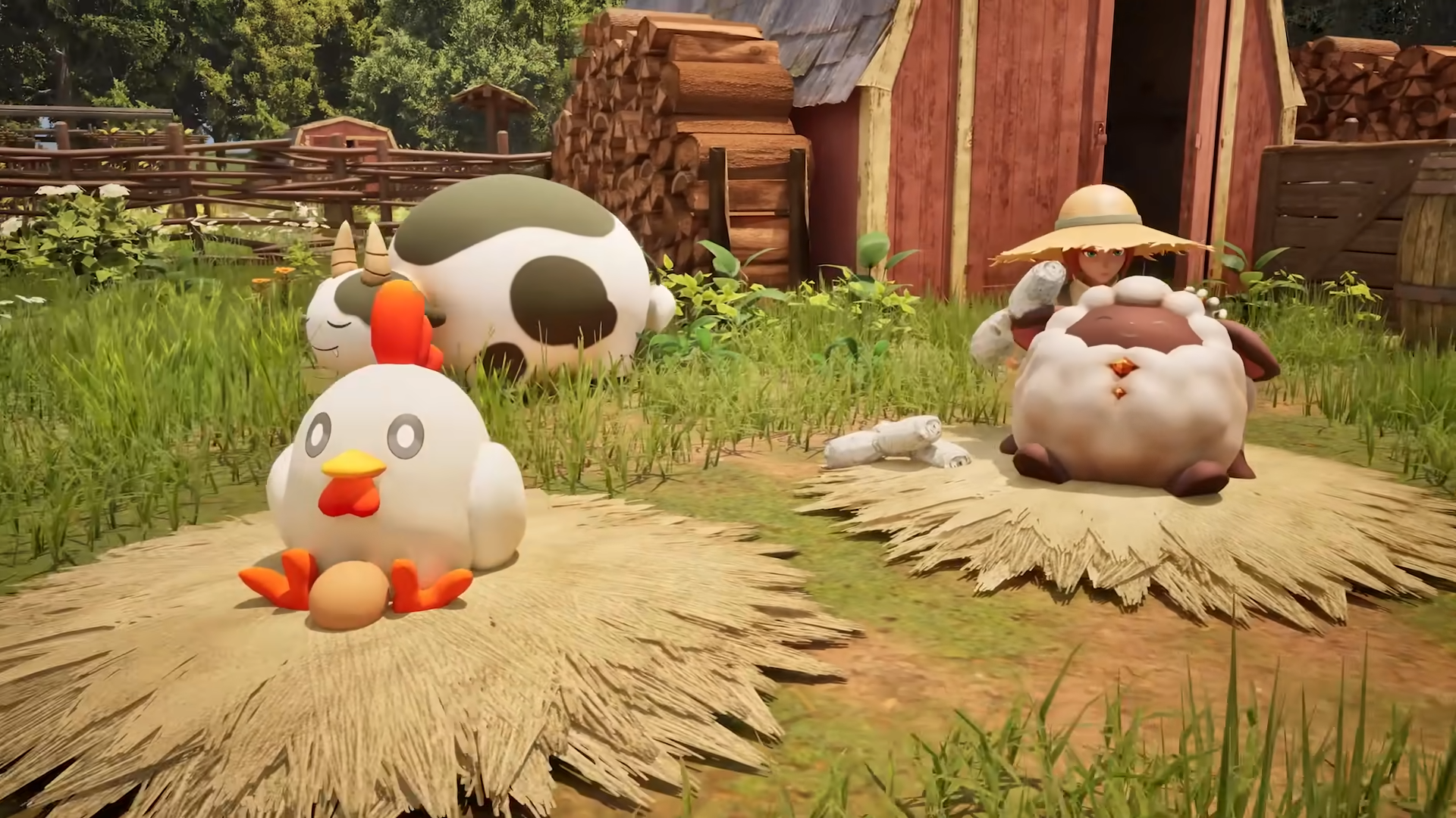 A player character shears a Lamball on their ranch in Palworld: Palfarm.