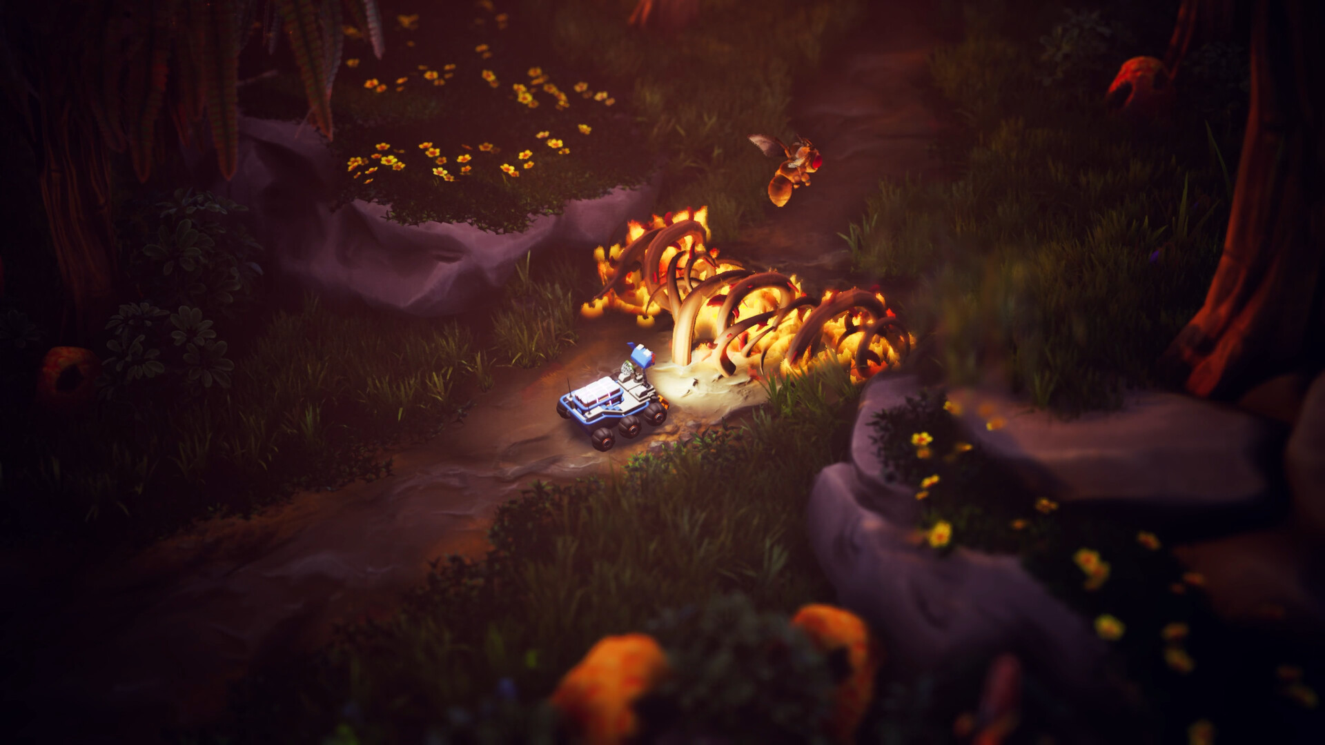 Good Boy game screenshot showing a little Space Rover robot in front of fiery roots that block a pathway