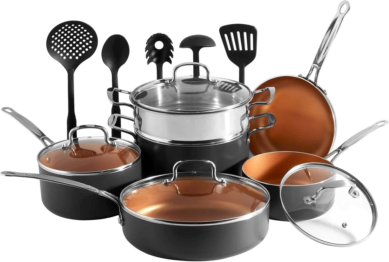 Vonshef Pots &amp;amp; Pans Set, 11 Piece Induction Safe, Non-Stick Saucepan &amp;amp; Frying Pan Set, Aluminium Kitchen Set With Glass Lids, Oven Proof Pans Up to 240&amp;deg;c