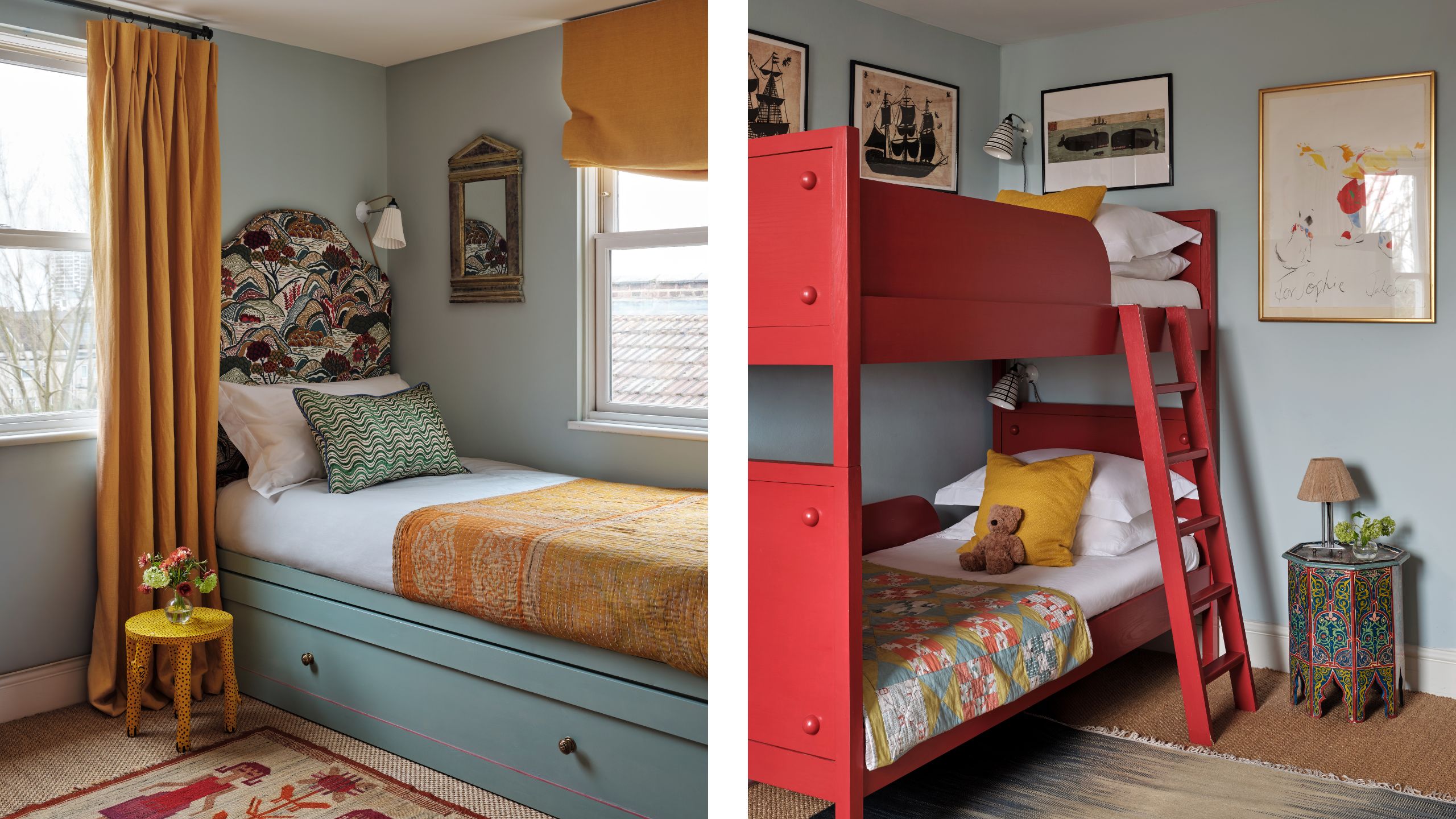two side by side images of two kids bedrooms in a London home, both painted in a soft blue with custom bed nooks, a red bunk and vintage furnishings