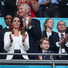 london, england july 11 catherine, duchess of cambridge, prince george of cambridge and prince william, duke of cambridge and president of the football association applaud during the uefa euro 2020 championship final between italy and england at wembley stadium on july 11, 2021 in london, england photo by eddie keogh the fathe fa via getty images