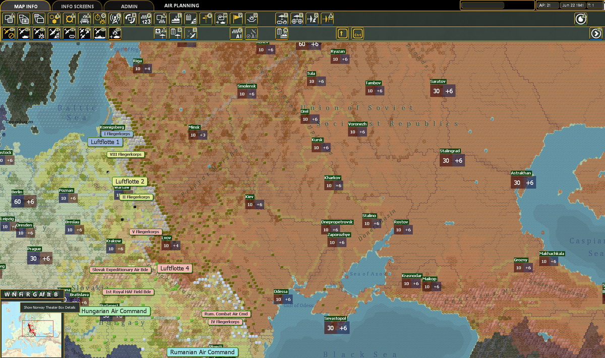 An image of the map from wargame War in the East 2.