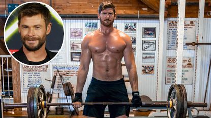 A muscular Erik Conover holding a barbell whilst following Chris Hemsworth's 10-week Power training program on Centr app, with an inset of the Thor star