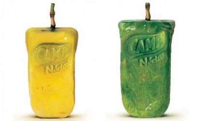 Guavas, papayas, passion fruit, oranges, apples, and lemons were molded into juice box shapes for a Brazilian juice company's marketing campaign.