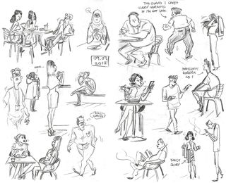 Artist sketchbook; drawings of a people in everyday poses in a sketchbook