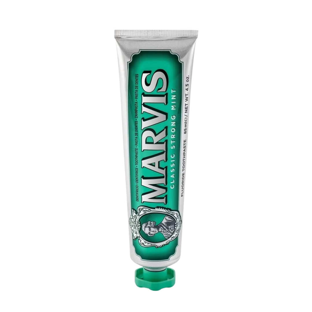 A product shot of the Marvis Classic Strong Mint Toothpaste, on a white background