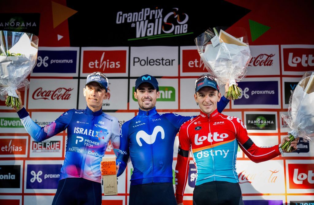 From L IsraelPremier Techs Belgian rider Dylan Teuns Movistar Teams Spanish rider Gonzalo Serrano and LottoDstnys Belgian rider Jasper De Buyst celebrate on the podium after competing in the one day cycling race Grand Prix de Wallonie 2013km from Aywaille to the Citadelle de Namur in Namur on September 13 2023 Photo by JASPER JACOBS Belga AFP Belgium OUT Photo by JASPER JACOBSBelgaAFP via Getty Images