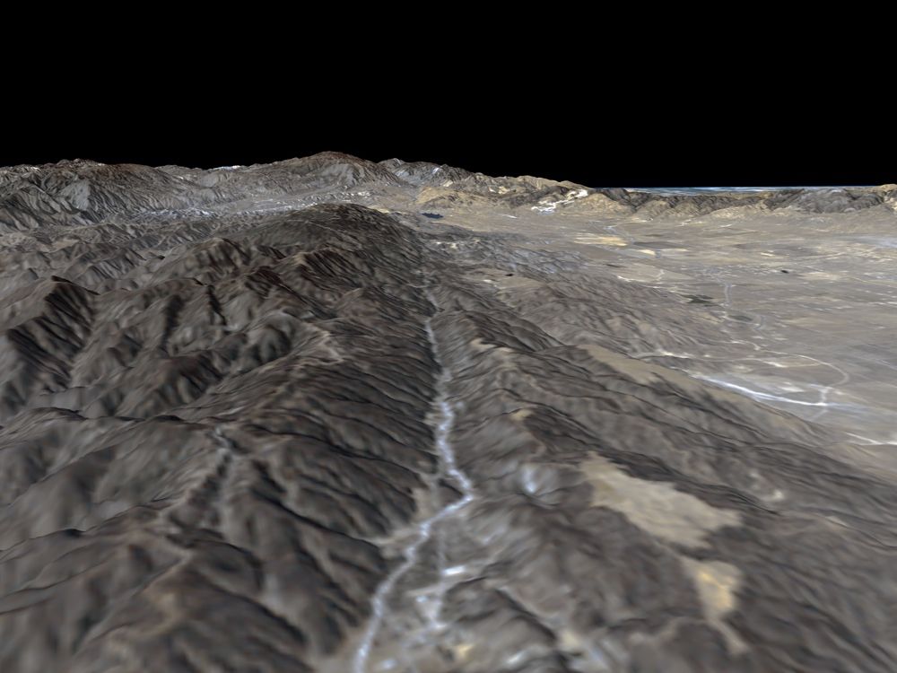 Created with NASA data, this image shows a segment of the San Andreas Fault in California, a tectonic boundary between the North American and Pacific plates.