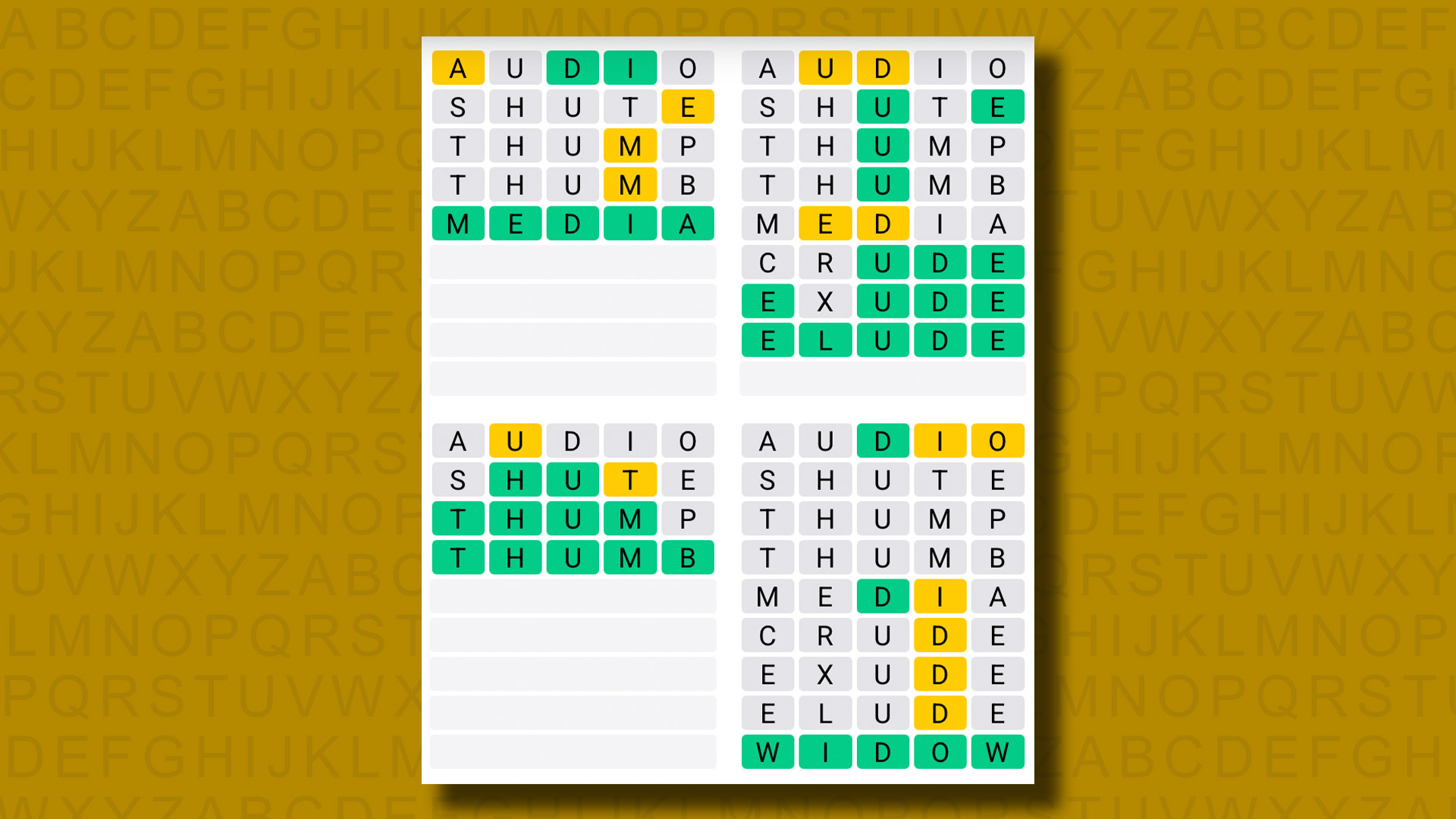 Quordle answers for game 1117 on a yellow background