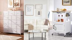 Three pictures: one of a white dresser, one of a white couch, and one of a white kitchen cart