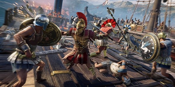 A dock fight in Assassin&#039;s Creed: Odyssey.