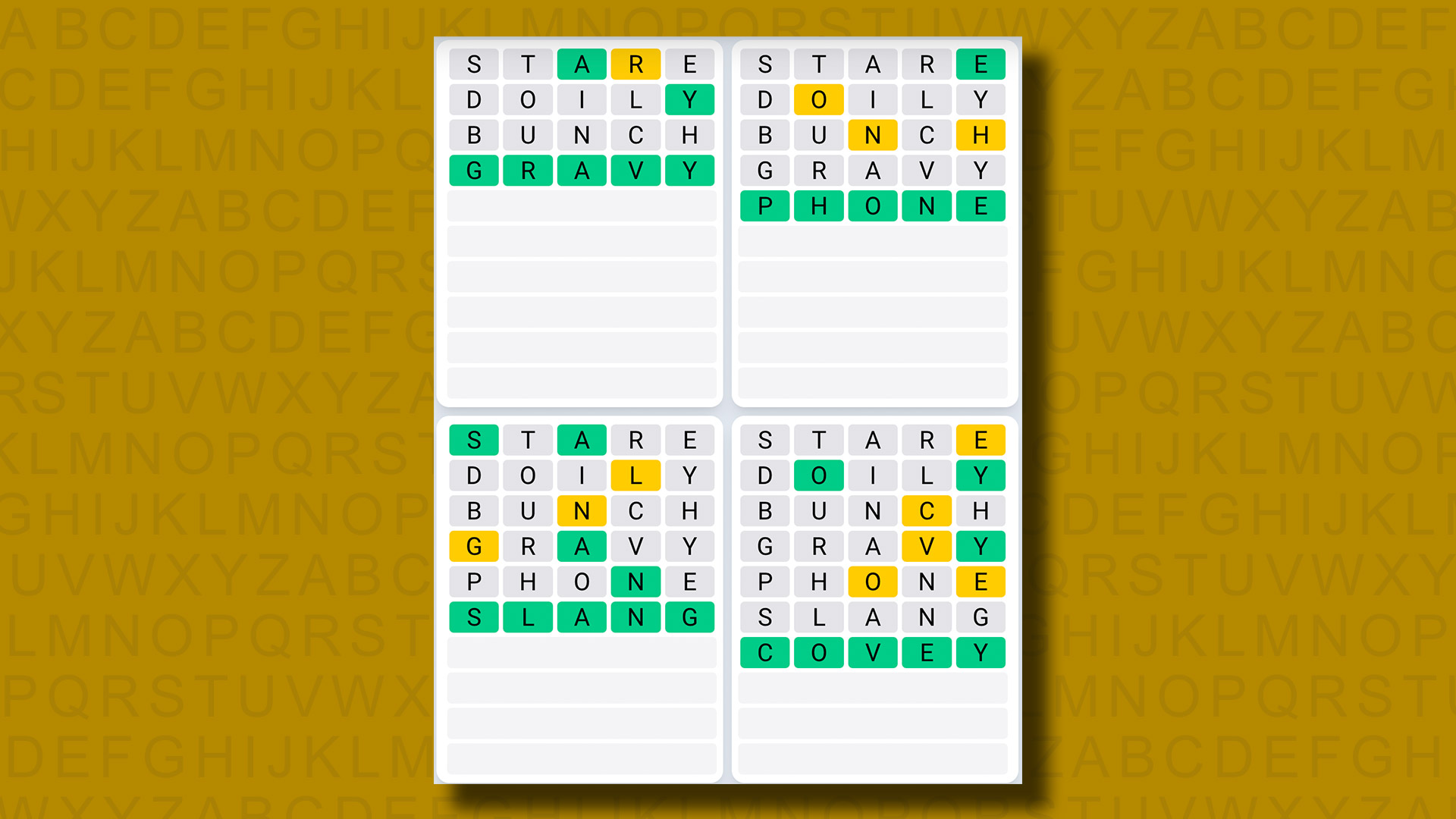 Quordle Daily Sequence Answers for Game 932 on a yellow background